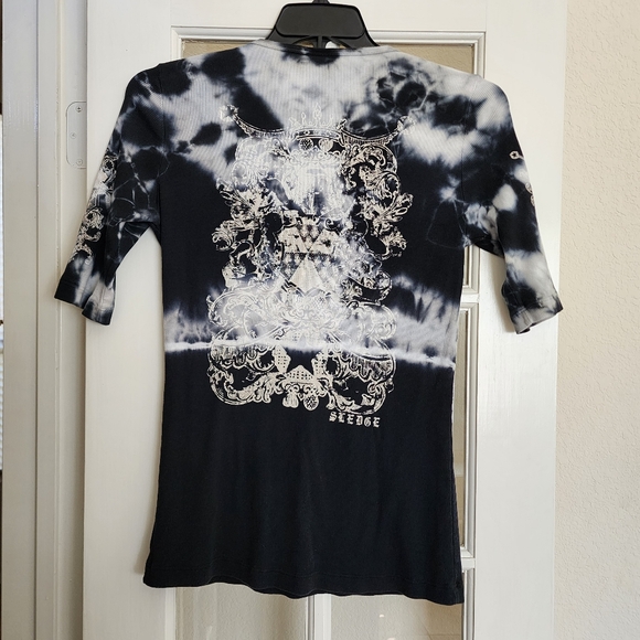 Sledge USA Y2K Tie-Dye Rhinestone Crest V-Neck Top XL Made in USA - Picture 3 of 12